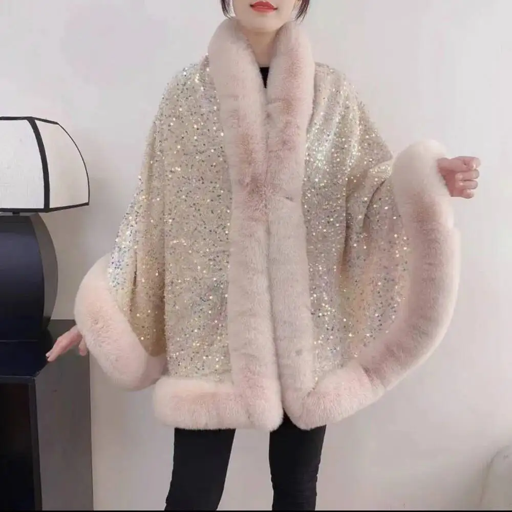 Fashion Shiny Paillette Faux Rex Rabbit Fur Cape Coat Winter Thicken Lining Warm Party Dress Cloak Shawl Women Wraps New