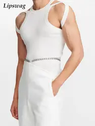 Fashion Streetwear Men Summer Sleeveless Solid Tank Tops Solid O Neck Hollow Out Knitted Vest Sexy Mens Popular O Neck Pullovers