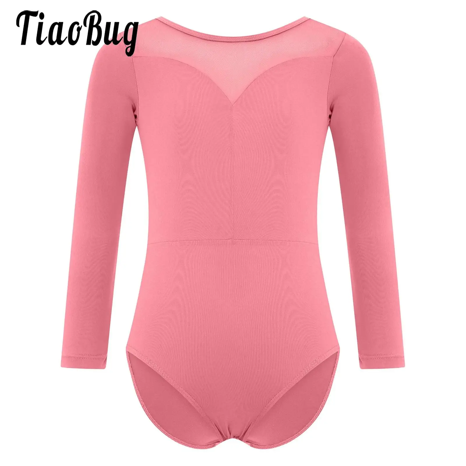 Kids Girls Sheer Mesh Patchwork Ballet Leotards Gymnastic Dance Costume Long Sleeves Press Button Crotch Bodysuit Dancewear