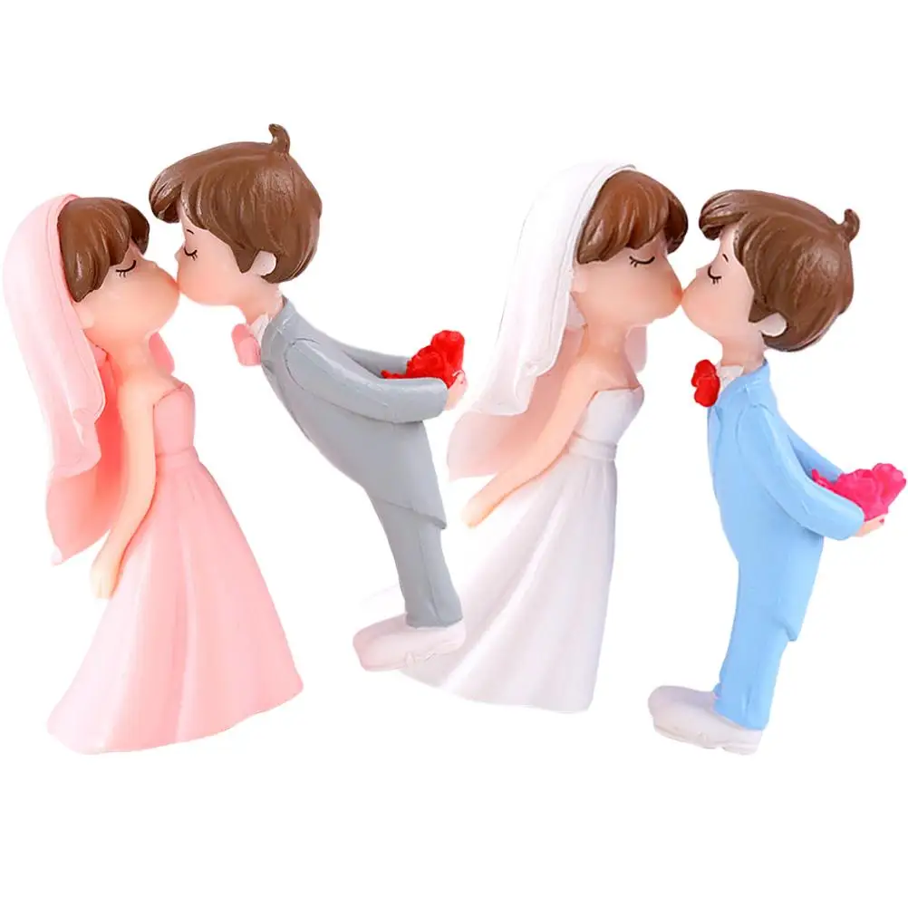 

2 Pairs Pink Grey Couple Figurines Romantic Wedding Bride Groom Cake Decor Micro Landscape Garden Statue Home Party