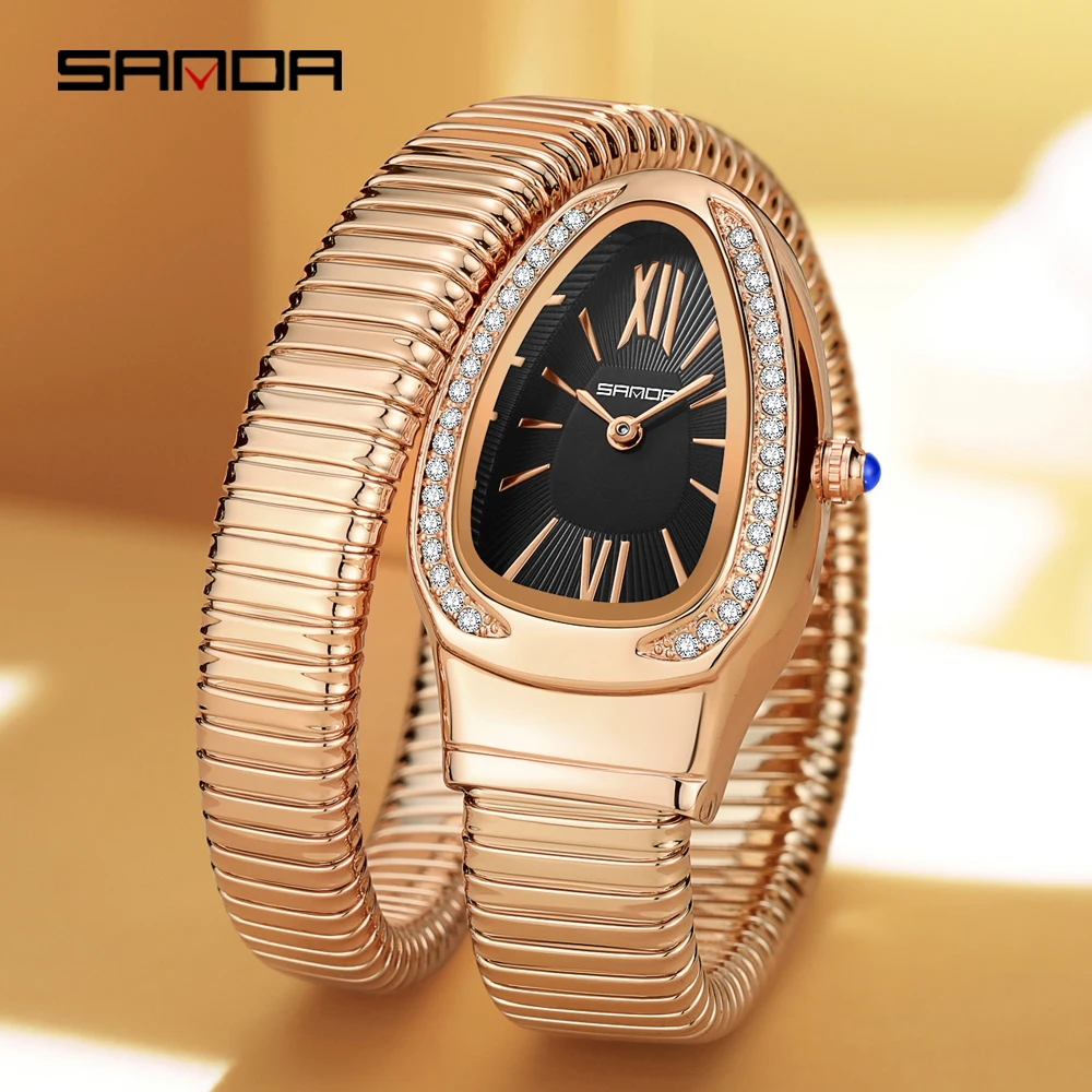 SANDA 1151, reloj de cuarzo a la moda para mujer, reloj de mujer de gama alta con incrustaciones de diamantes serpentinos, reloj de cuarzo de lujo ligero Retro para mujer