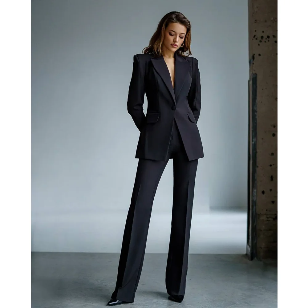 Black Pants Sets 2 Piece Single Button Peak Lapel Formal Outfits Fashion Business Casual Office Lady Women Suits (Jacket+Pants)