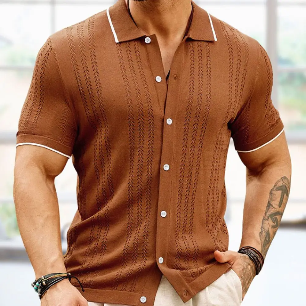 Men's Knit Button Down Shirt Vintage Short Sleeve Polo Shirts Casual Beach Top Men’s Breathable Hollow Out Bowling Button Shirts