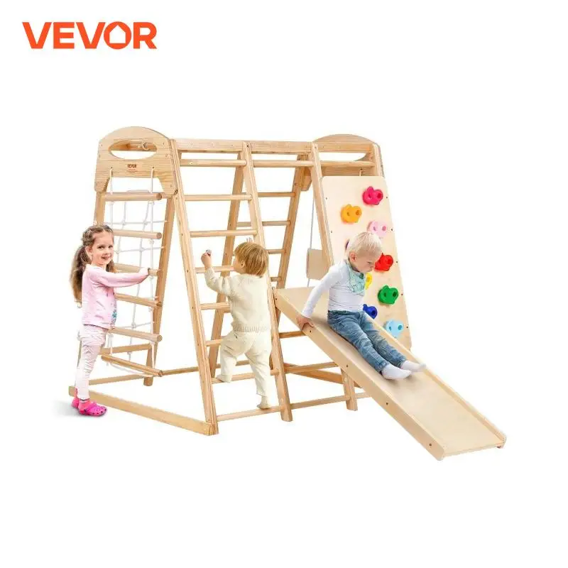 VEVOR Indoor Jungle Gym 7-in-1 Toddler Indoor Playground Wooden Toddler Climbing Toys Indoor with Wood & Rope Ladder Net Ladder