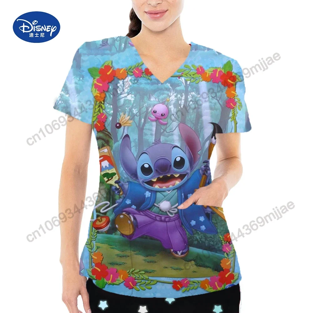 

Summer New Pretty Disney cartoon pattern nurse uniform short sleeve comfortable women T-shirt Double pocket V-neck design top