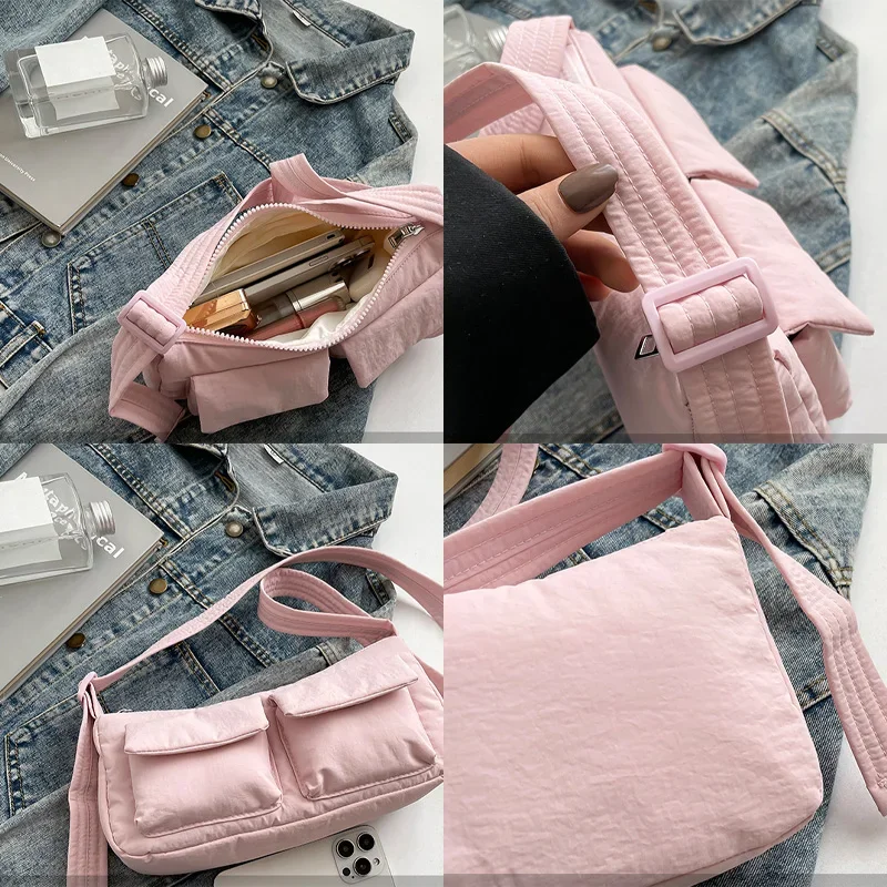 Damen-Umhängetasche aus Nylon mit großem Fassungsvermögen und Reißverschluss, einfarbig, lässig, Schultertasche, Hobos für Party, Urlaub – Detail 4