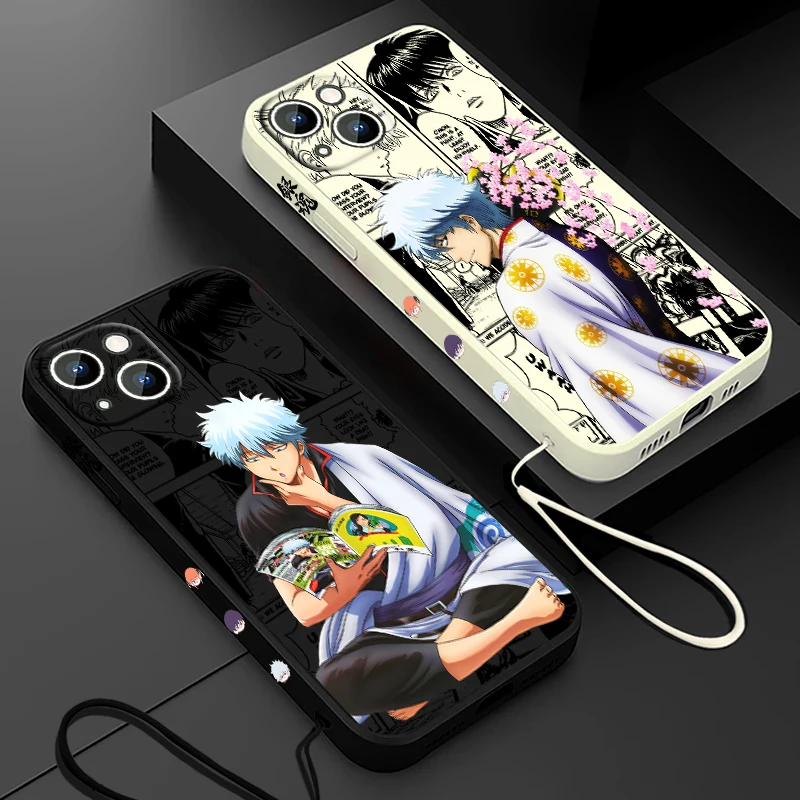 Gintama Sakata Gintoki Phone Case For Apple iPhone 15 14 13 12 11 Pro Max Plus 8 7 SE Liquid Left Rope Capa Cover