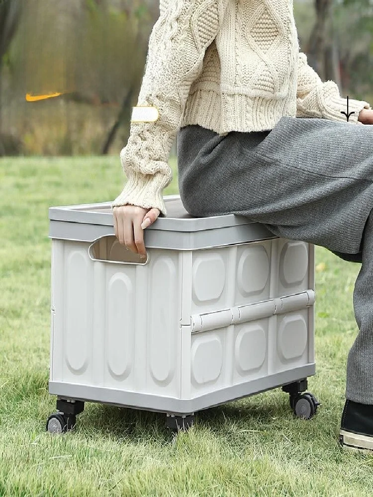 صندوق تخزين للتخييم في الهواء الطلق، عربة متنقلة قابلة للطي لتنظيم صندوق السيارة، صندوق نزهات من البلاستيك مع رف