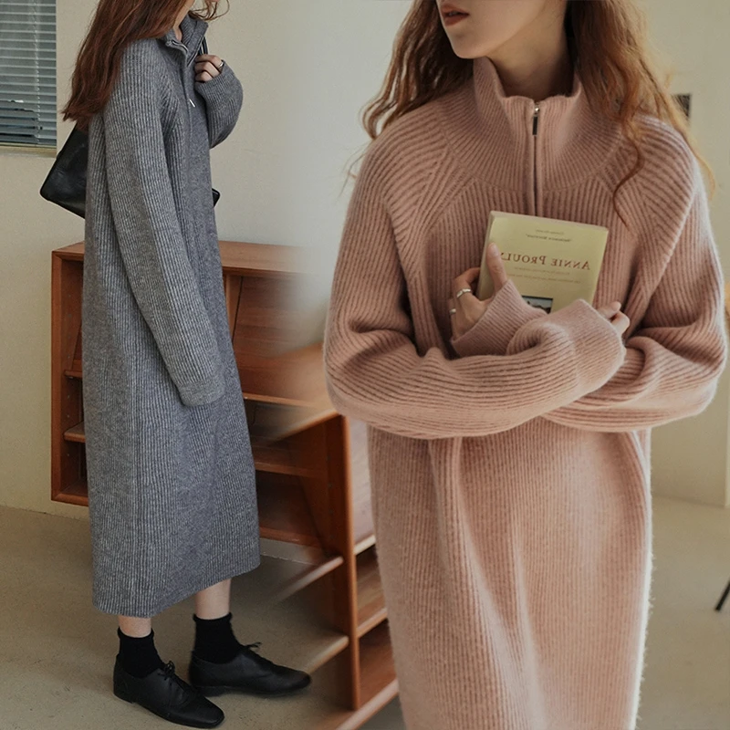 2025 New Solid Color Overknee Mid-Length Loose Base Ride Woolen Skirt Knitted Padded Dress Women