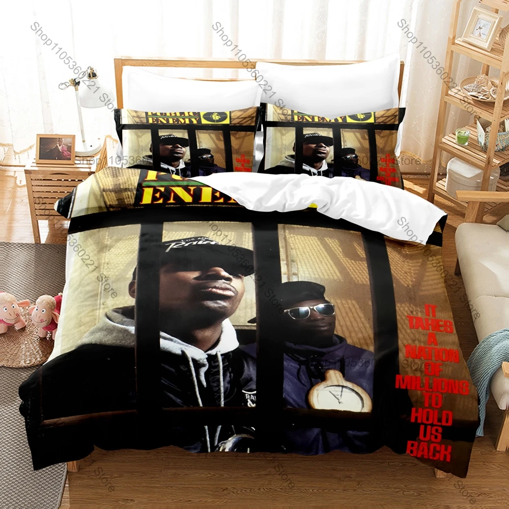 Public Enemy Duvet Cover + 2 Pillowcases, Hip Hop Band Print Bedding Set Soft Fabric for Music Fans Bedroom Decor & Gift