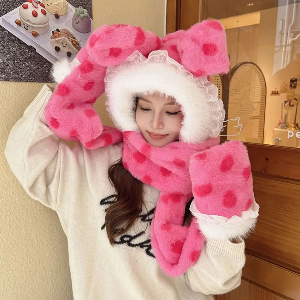 Cute Plush Plush Hat Three-piece Set Windproof Winter Scarf Warm Rabbit Ears Versatile Hat Winter