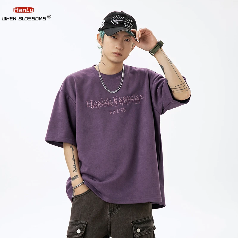 Summer 2024 Men Suede Short Sleeve T shirts Hip Hop Embroidery T Shirts Punk Gothic Streetwear Harajuku Casual Tops Tees Unisex