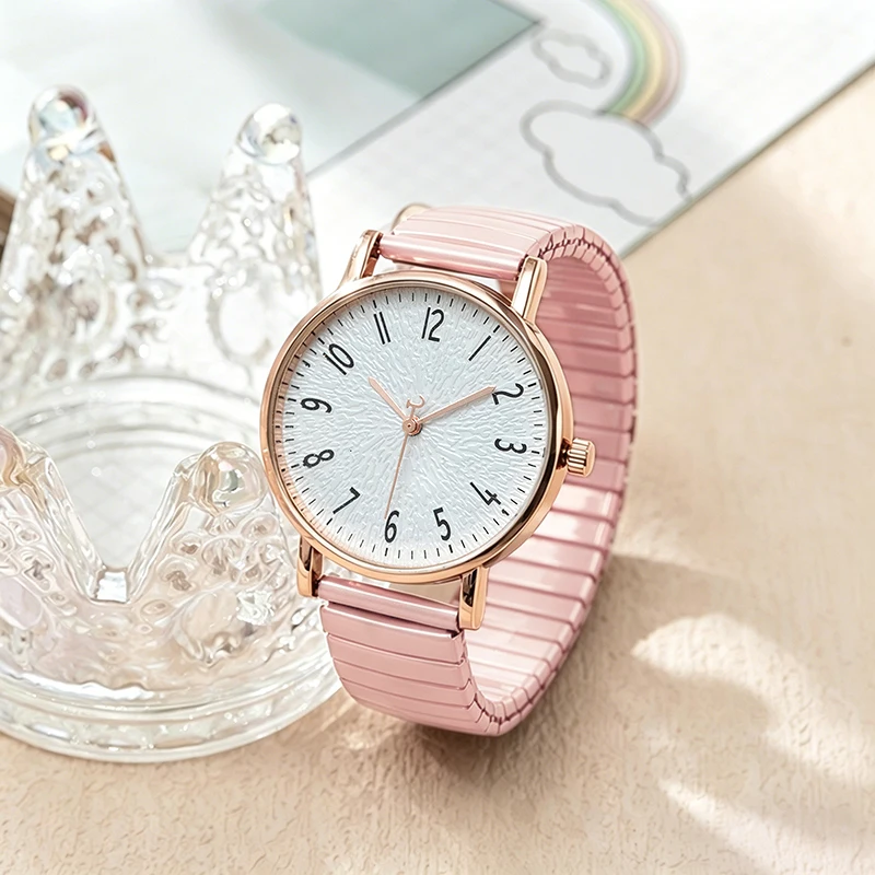 Minimalist Round Analog Quartz Watches Textured Dial Elastic Stretch Metal Band