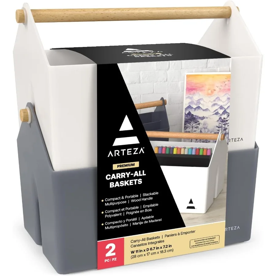 

ARTEZA Plastic Portable Craft Storage Organizer Pack of 2 Gray and Ivory 3-Sectioned Plastic Basket with Handle Caddy Organizer