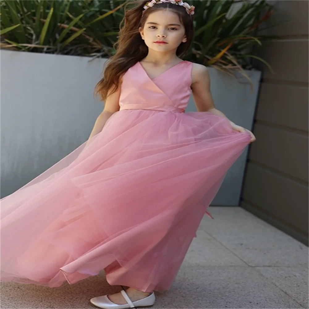 Flower Girls Dresses A-Line Bow Bridesmaid Kids  V-Neck  Lace Dresses Backless Sleeveless  Wedding Official Event Princess