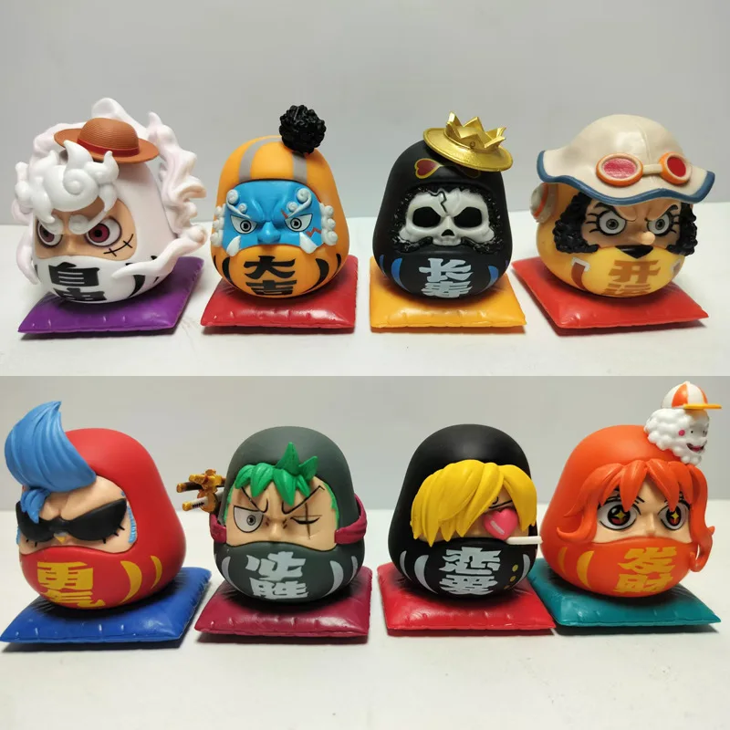 8Pcs/Set 7.5cm One Piece Daruma Egg Nika Luffy Zoro Sanji Nami Usopp Franky Cartoon Character Model Doll PVC Toys Kids Xmas Gift