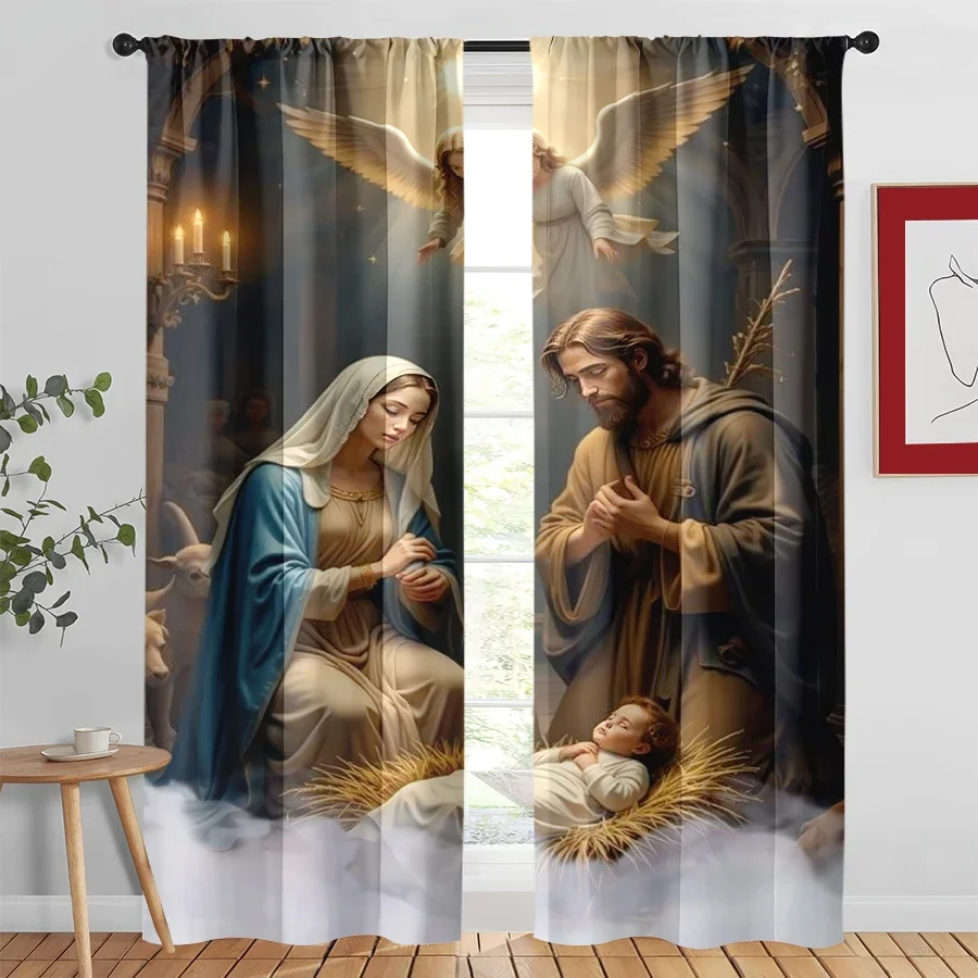 Nativity Scene Window Curtain Divine Christmas Religious Art for Living Room Nursery Decor