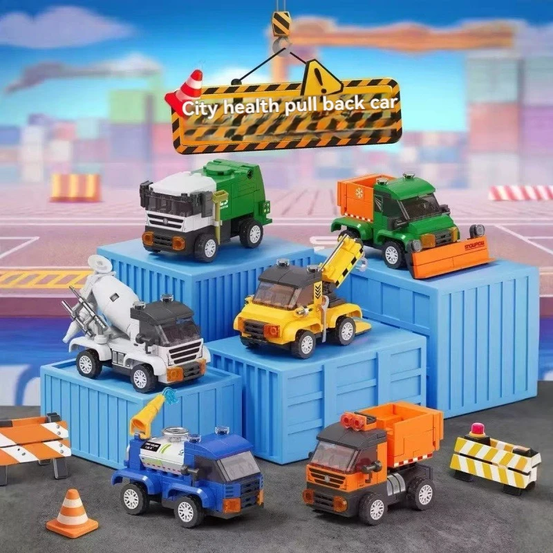 

Six-in-one city construction vehicle building block set, mini construction vehicle models (snow plow, mixer truck, garbage truck