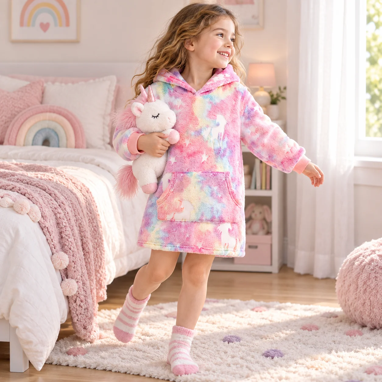 Girls Unicorn Star Fleece Hooded Nightgown Kids Warm Plush Sleep Dress with Pocket Toddler Cozy Homewear Sleepwear 4-7Y