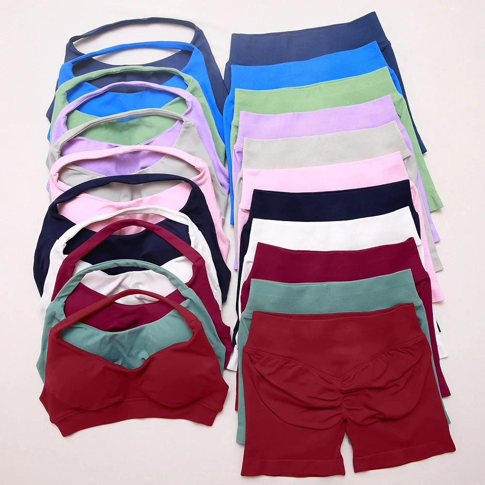 

2Pcs Seamless Set Impact Shorts Set Workout Scrunch Shorts Sets Halter Sports Bra Fitness Clothes Gym Suit Scrunch Shorts