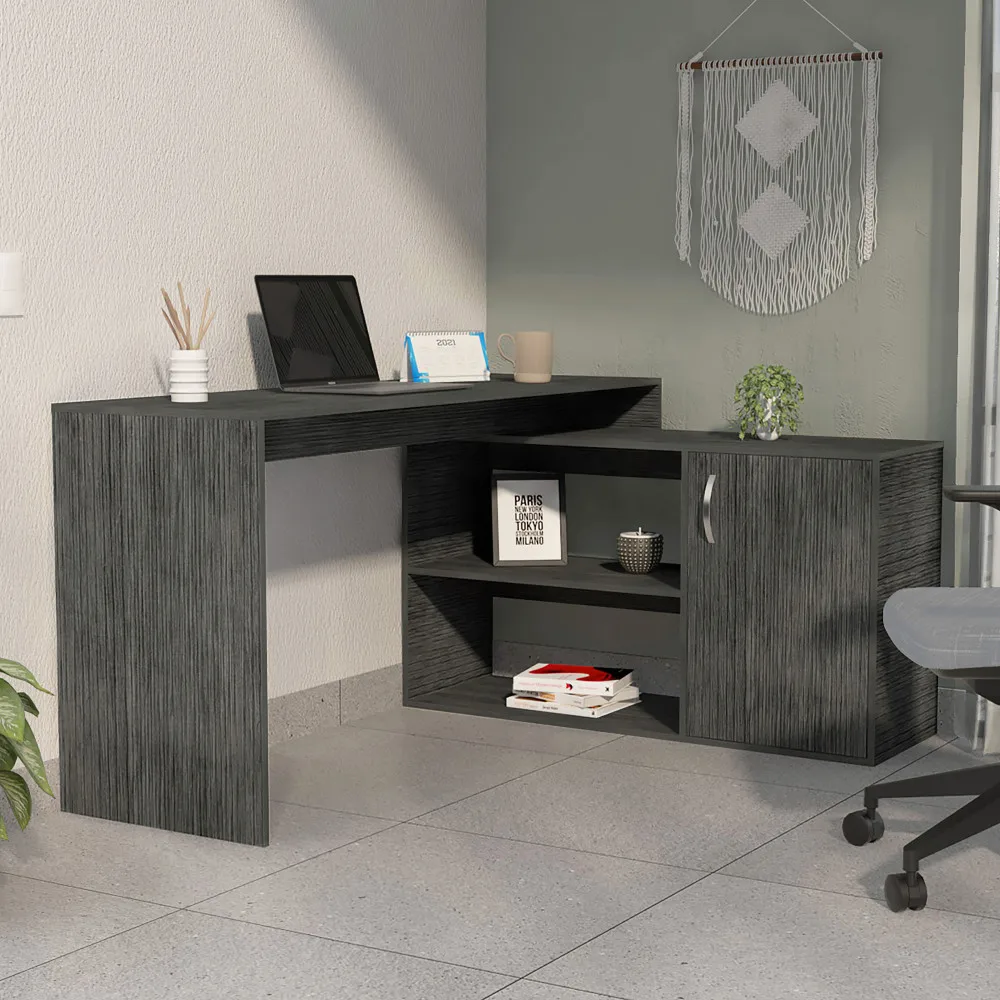 

Smokey Oak 1-Drawer 2-Shelf L-Shaped Office Desk