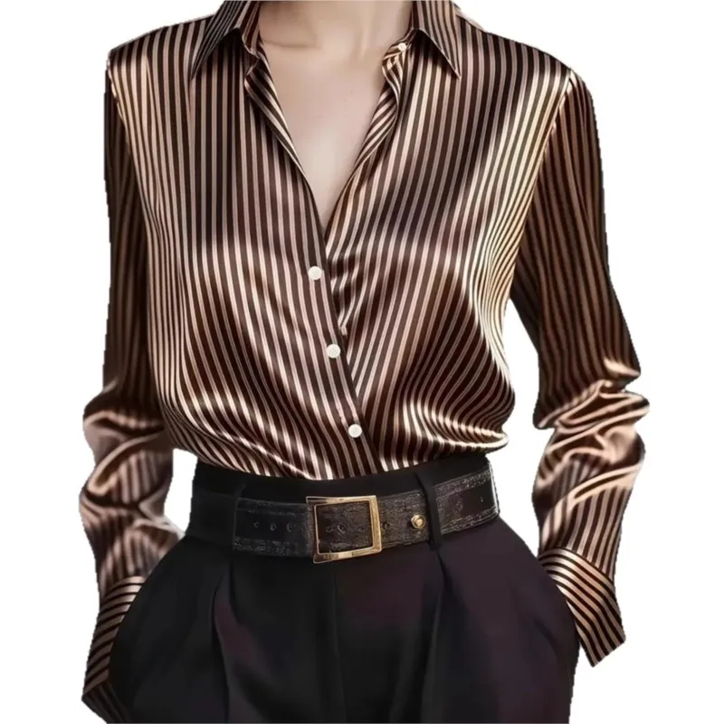 Retro striped lapel single breasted long sleeved solid color shirt for spring and autumn women's temperament and commuting top