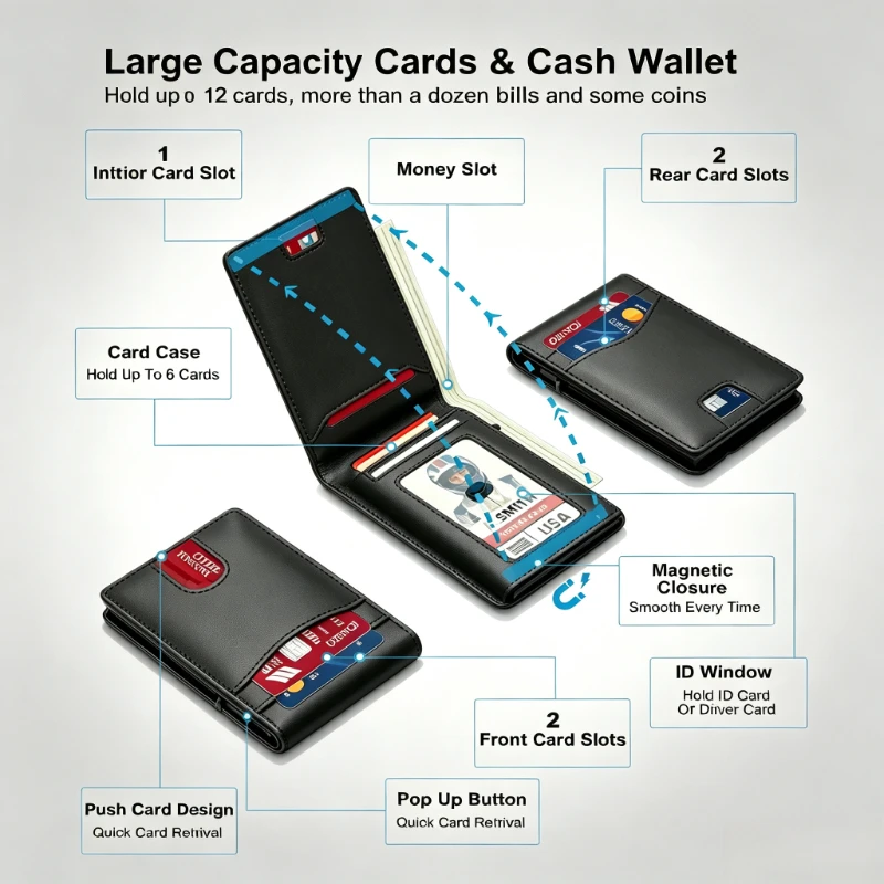 Ultra-Thin Minimalist Wallet, Quick Eject Mechanism RFID Protected Multi-Slot Design Compact & Portable, Ideal for Men Wallet