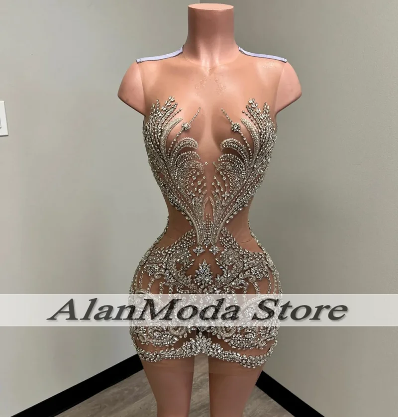 Sparkly Crystal Birthday Dress 2025 See Through Party Outfit Silver Short Prom Dresses Gala Gowns For Women Luxury Customized