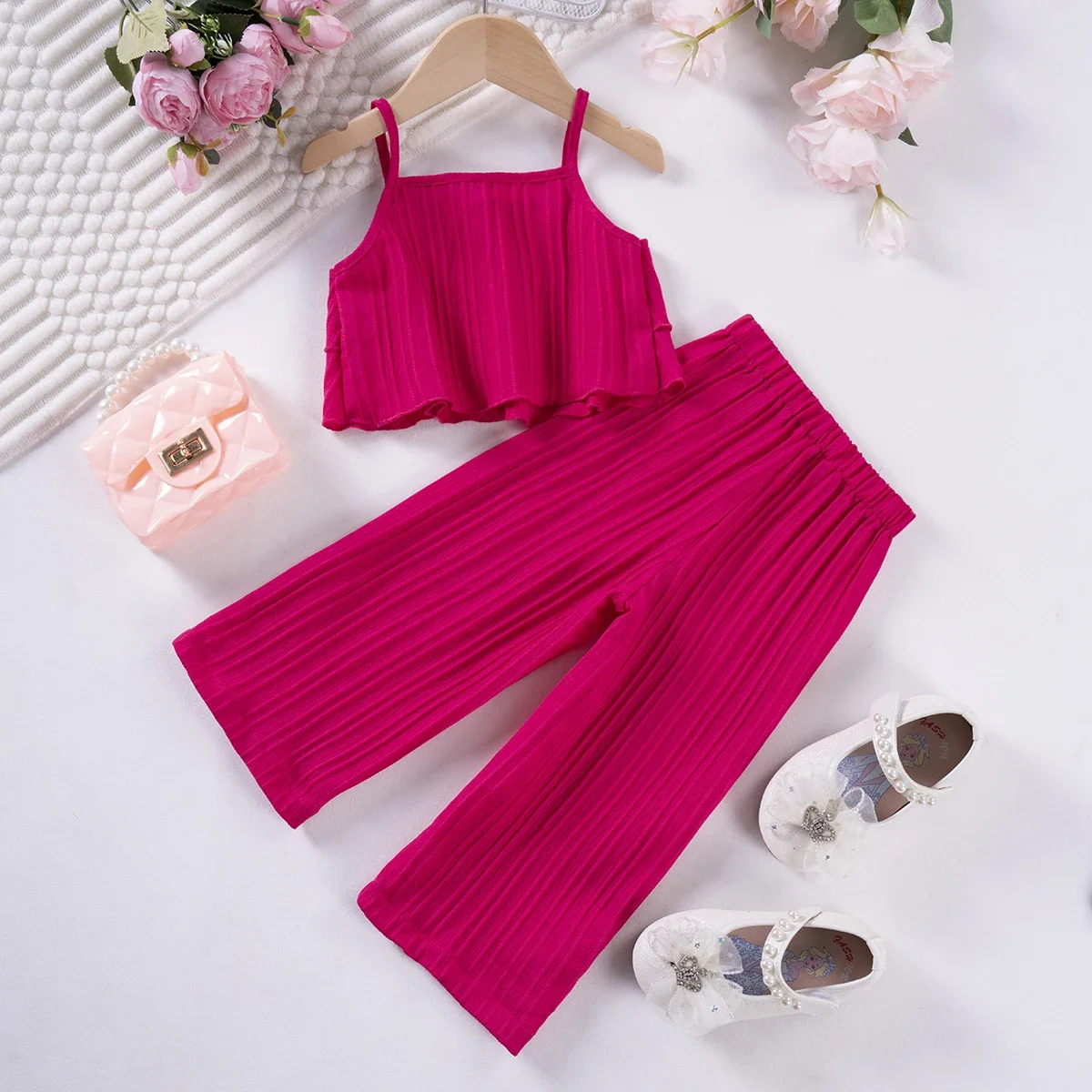 Summer Kids Clothes Girls, Solid Color Shoulder Strap Pants Wave Stripe Set,  Daily Fashion Set Girl Casual Fashion Set