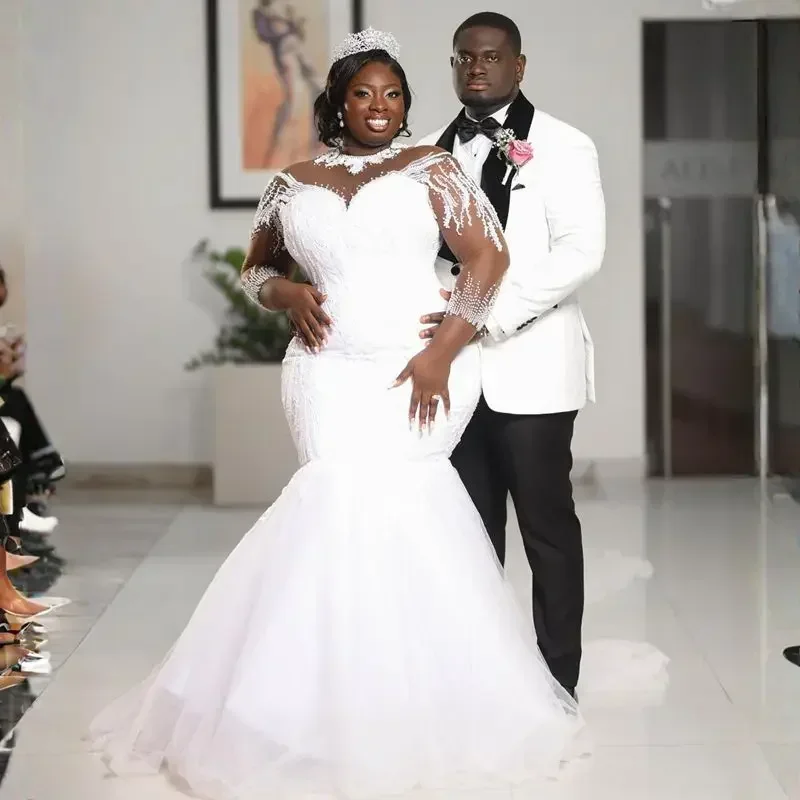 Customized Plus Size African Arabic Nigeria Illusion Trumpet Bride Sheer Neck Long Sleeves Bridal Gowns Mermaid