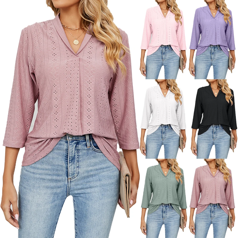 Fashion Woman Blouse Shirts For Women Clothes Half Sleeve V Neck Female Tops White Green Purple Women\'s Autumn Clothing