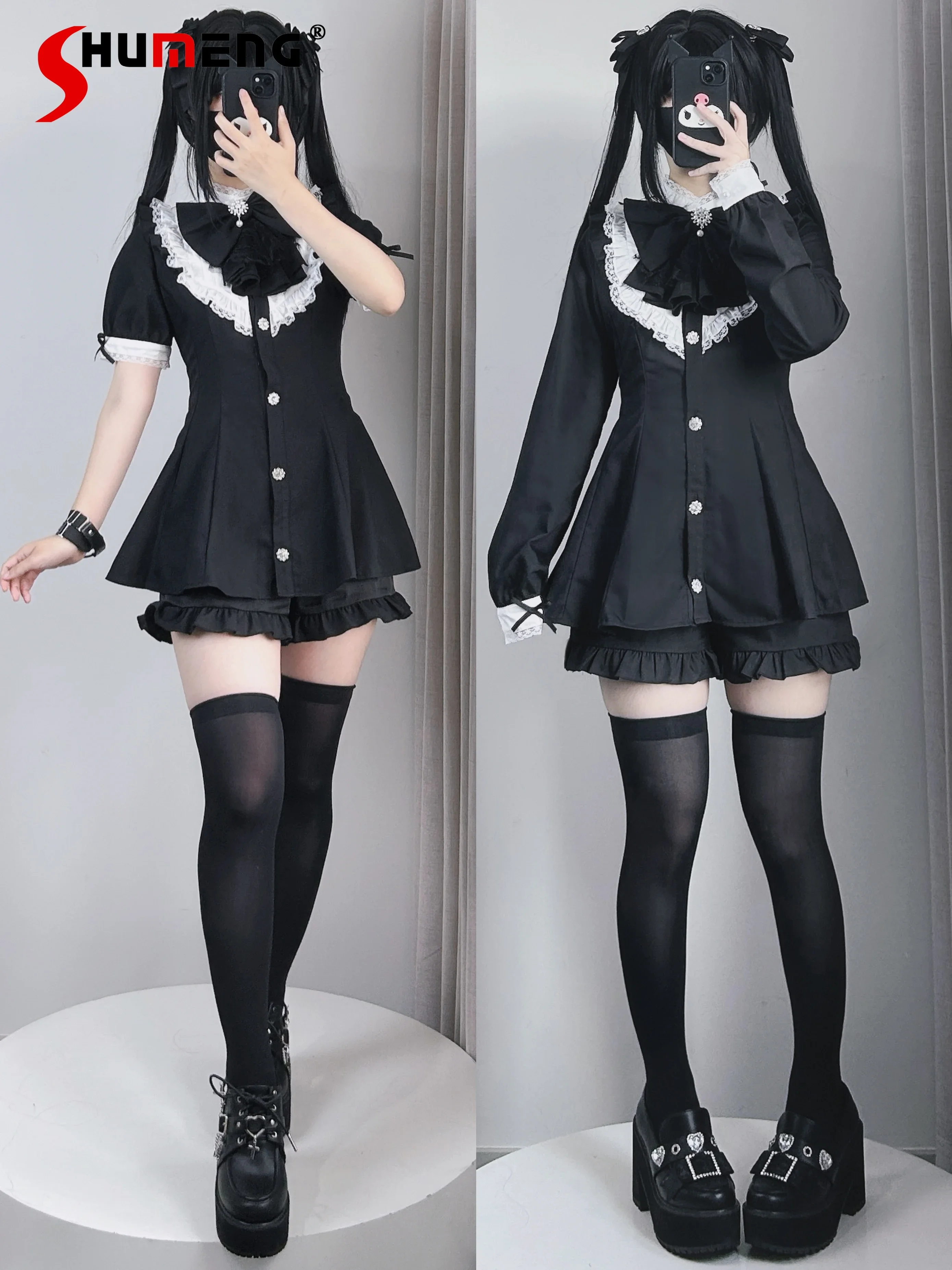 

Original Mass- Produced Mine Series Lolita Dress Set Female Gothic Bow Saliva Towel Long Sleeve Shirt and Shorts Two-piece Set