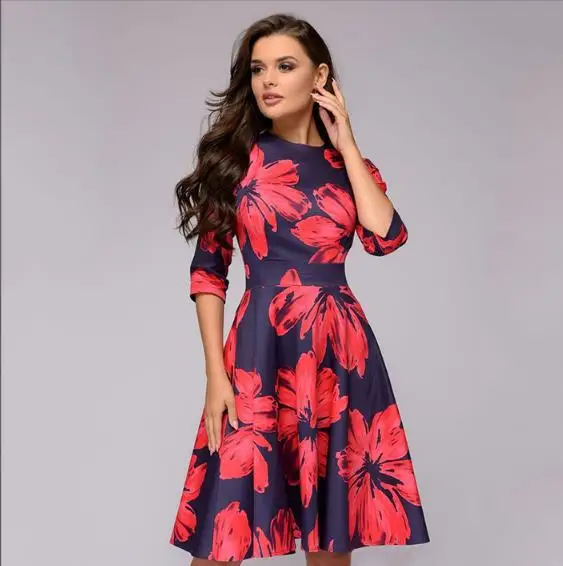 Autumn Winter Small Floral Women\'s Dress Party Retro Three-quarter Sleeve Round Neck Zipper A-line Dress