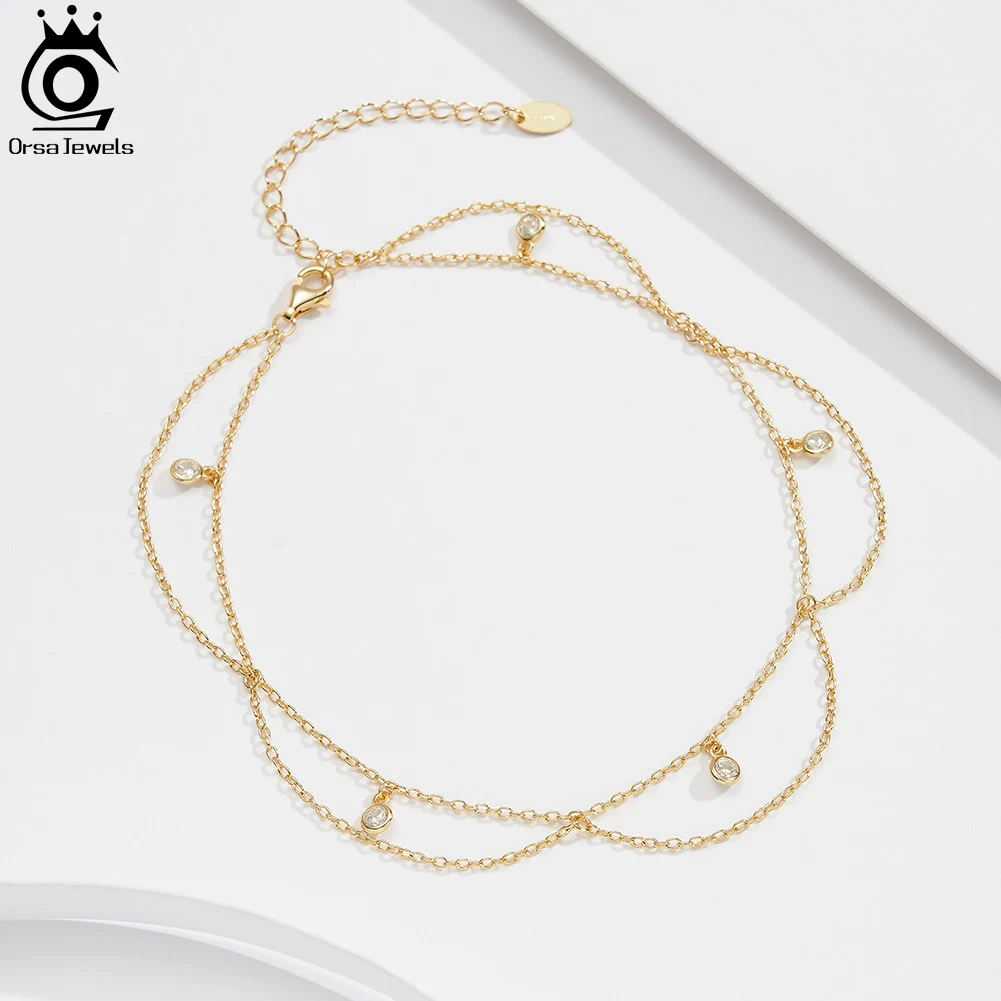 ORSA JEWELS 925 Sterling Silver Zircon Chain Ankle Bracelet for Women Silver Foot Anklet Adjustable Summer Beach Jewelry SA72