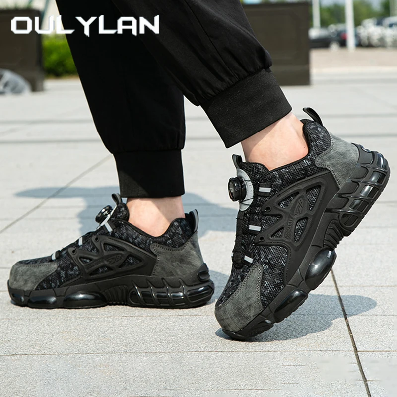 

Oulylan Rotating Button Work Sneaker Men Steel Toe Safety Shoe Lightweight Work Protective Boot Puncture-Proof Antislip Footwear