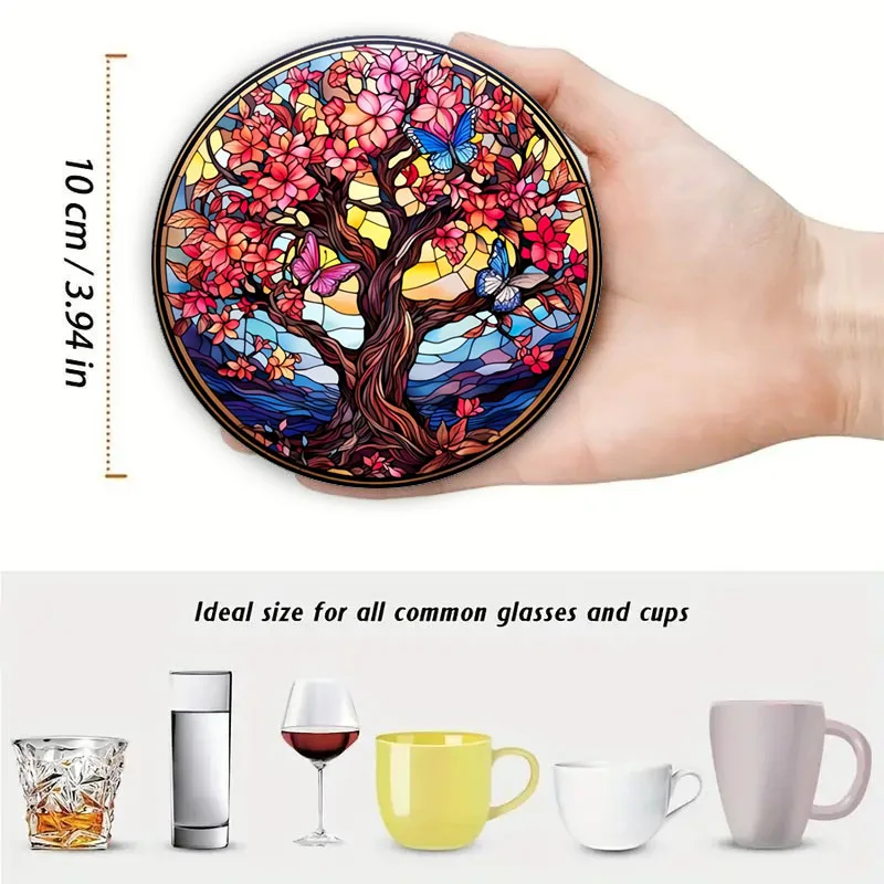 4 Tree of Life Printed Coasters, Suitable for Daily Family Party Decoration, Office, Non-Slip Wooden Coasters, Holiday Gifts