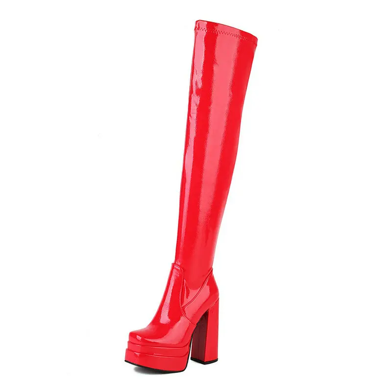 2022 Women Over the Knee Boots Platform Thick High Heel Ladies Thigh Boots Patent PU Leather Square Toe Zipper Dress Women Boots