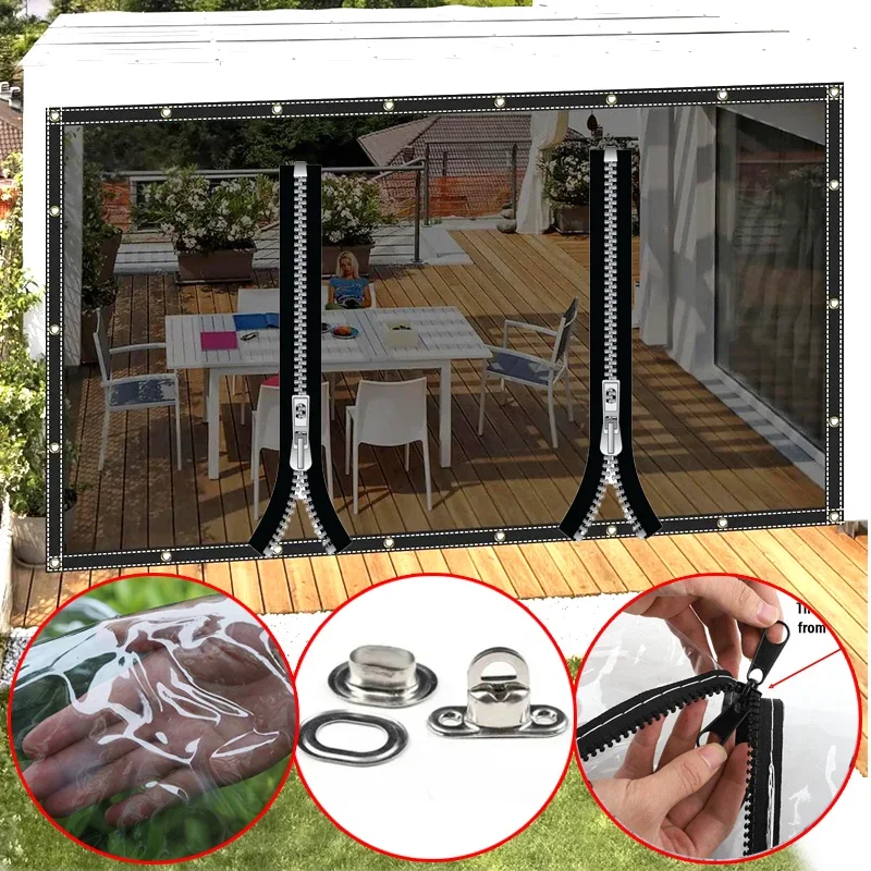 Thicken Detachable Rainproof Curtain with Twist Locks Transparent Tarpaulin Patio Pergola Zipper Door Curtain Windproof Screen