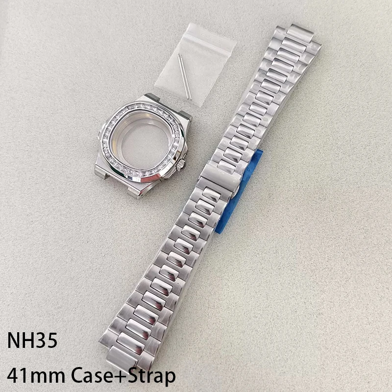 41mm 316L Stainless Steel Silver Watch Case+Strap Diamond inlaid Material fit 30.5mm Dial Waterproof Fit NH35/NH36 Movement