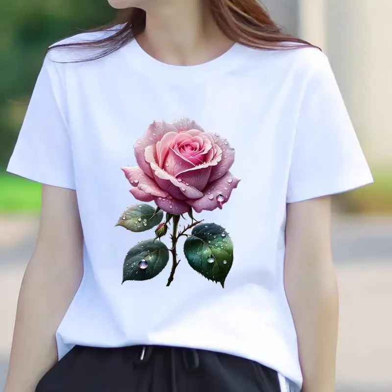 Women White T-Shirt Daisy Ladybug Print Short Sleeve Tee Cute Floral Insect Pattern Casual Summer Daily Wear Top Women Clothing