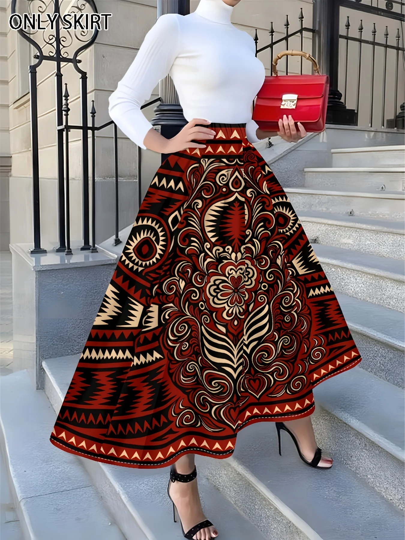 Printed Design Women's Red Black Beige Ethnic Tribal Print High Waist A Line Midi Skirt