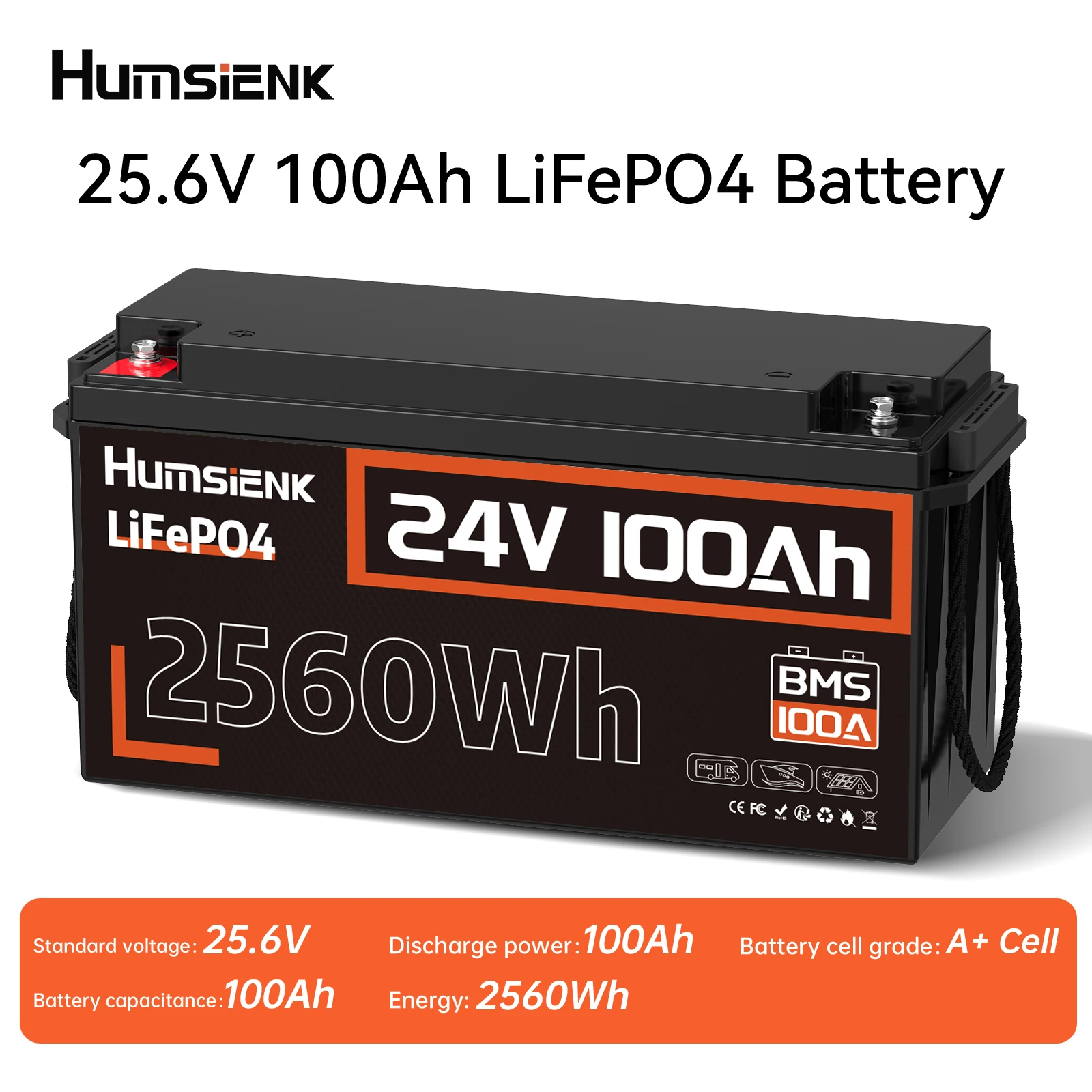 HumSienk 24V 100Ah LiFePO4 Battery 15,000+ Cycle Life 100A BMS Up to 2560W Power for RVs, Campers, Solar, Marine, Off-Grid Use