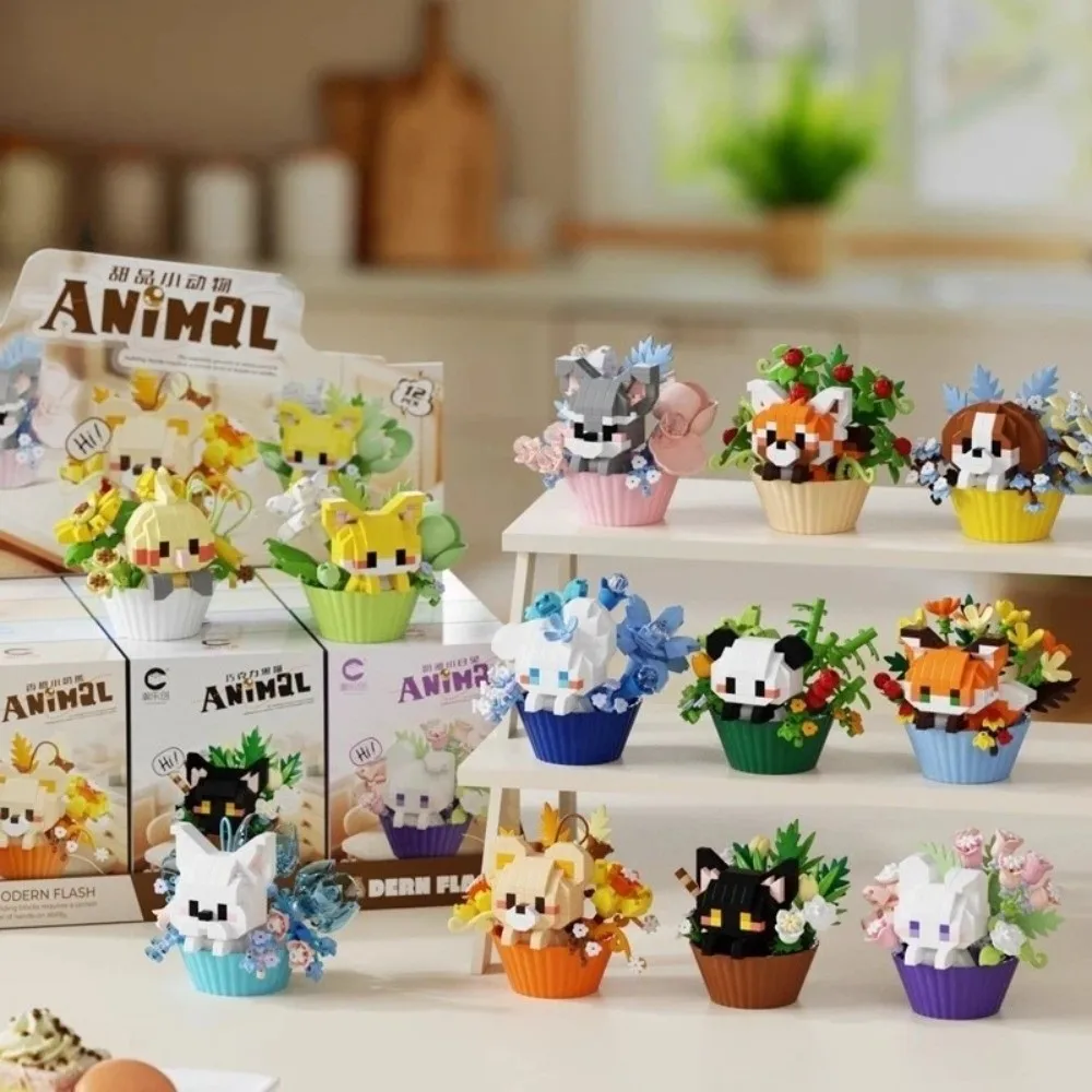 New Dessert Theme Building Blocks Cartoon Animals Plastic Building Bricks Toys Cute Cat Dog Rabbit Desktop Ornaments Kids Gifts