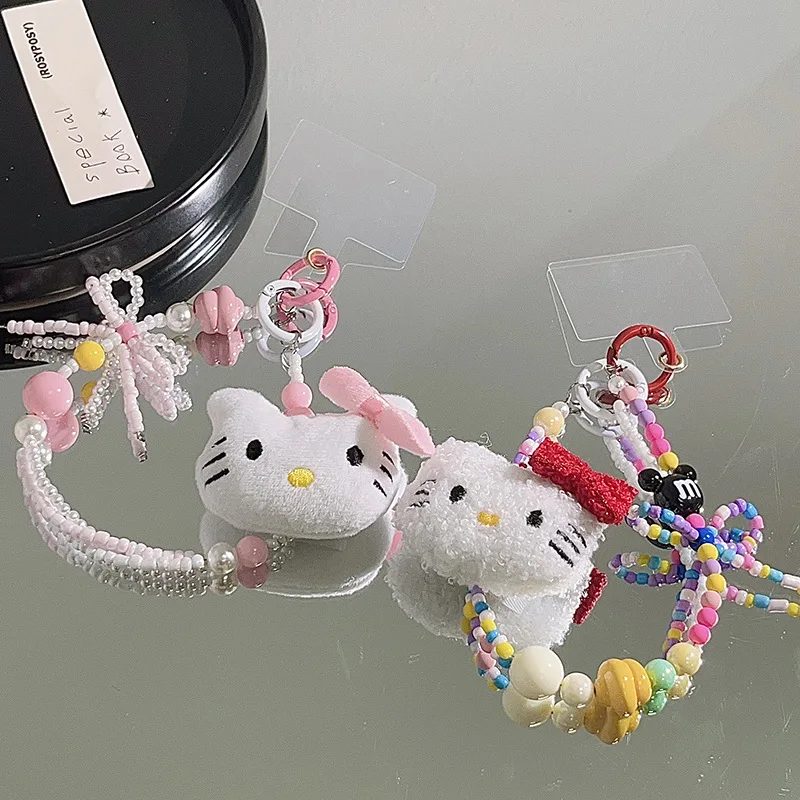 Hello Kitty Doll Mobile Phone Hanging Chain Sanrio Keychain Anime Girl Colorful Beads Bracelets Cartoon Kit Backpack Chain Gift