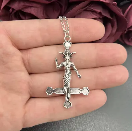 Sheep Head Evil Ghost Charms Necklace Silver Black Plated Enamel Inverted Cross Pendant Necklace