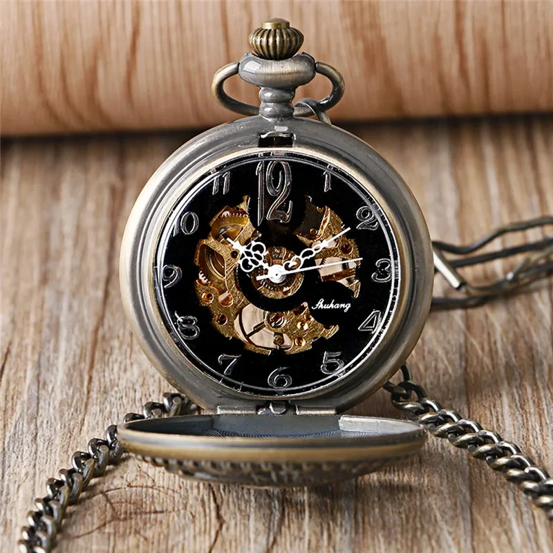 Bronze Hollow Out Dolphin Case Unisex Pocket Watch with Handwinding Mechanical Movement Arabic Numeral Dial Fob Pendant Chain