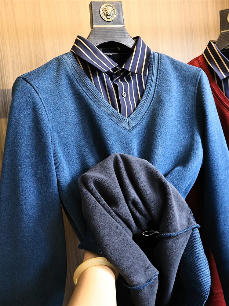 

Fashionable Urban Men's Faux Two-Piece Knitted Sweater Jacket with Stand Collar And Fleece Inner Soft Polyester Long Sleeve W...