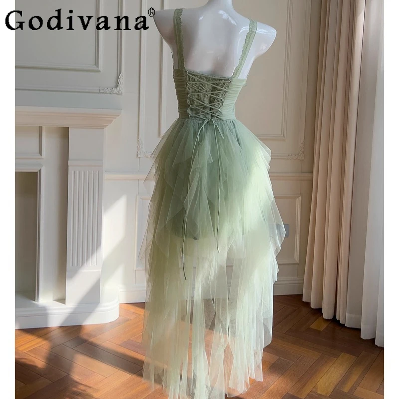 French Style Luxury Birthday Mini Dress Women Princess Green Mesh Strap Dress Female Vacation Forest Style Long Dress
