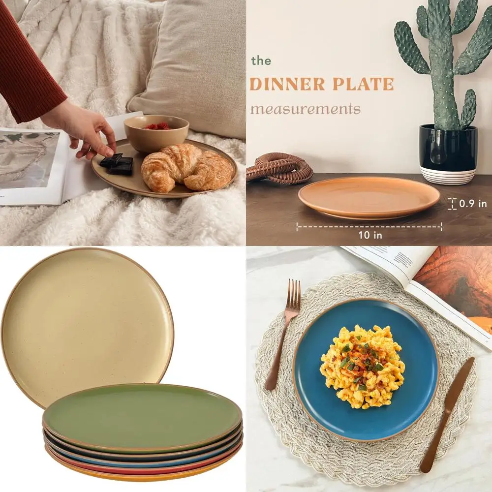 

Set of 6 10-Inch Matte Ceramic Dinner Plates - Microwave, Oven, Dishwasher Safe, Scratch-Resistant, Modern Rustic Porcelain Dinn