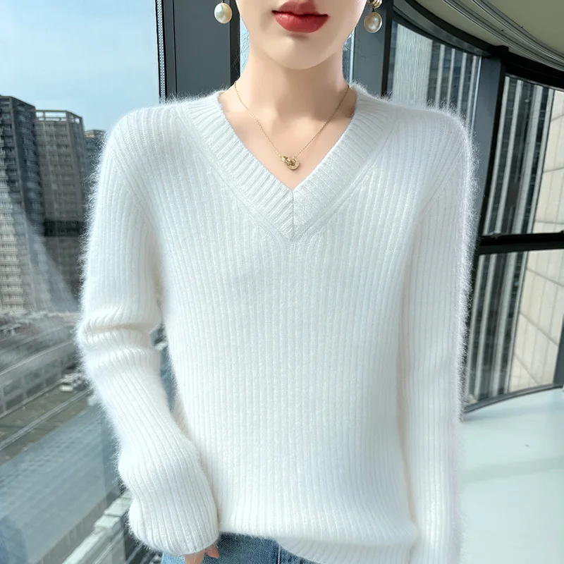 100% المنك النقي الكشمير محبوك سترة المرأة الخامس الرقبة ضئيلة البلوز عادية الدافئة عمودي بار القمم جديد قاع قميص الخريف #5